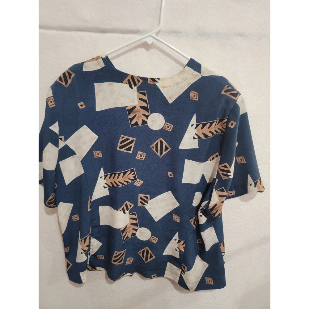 Vintage 90s‎ Cathy Che 2X Navy Abstract Geometric Scalloped Blouse Shoulder Pads